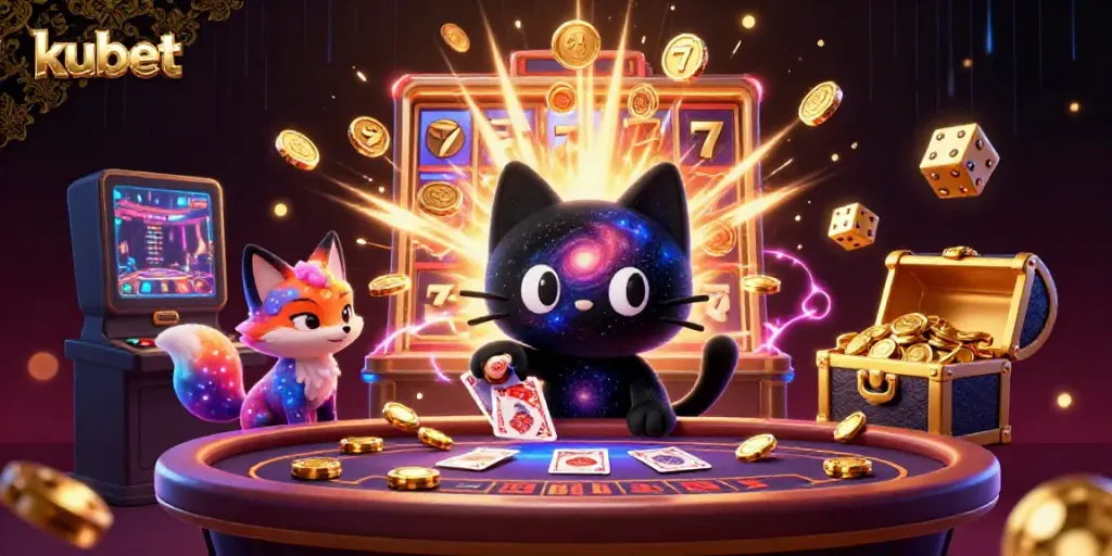 Engage with kubet's exciting cosmic casino atmosphere, featuring a black hole cat and vibrant elements.