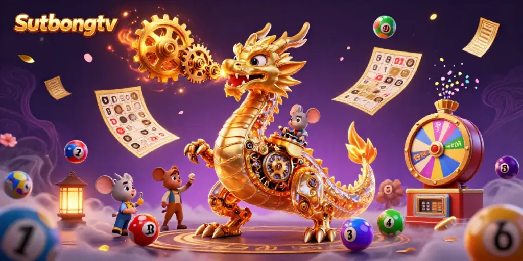 Sutbongtv showcases a vibrant 3D scene with a golden dragon and animated lottery elements, promoting an exciting online gaming experience.