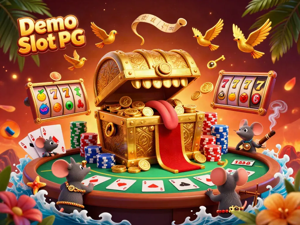 Experience the thrill of Demo Slot PG in a vibrant casino scene with dynamic slot reels and playful elements.