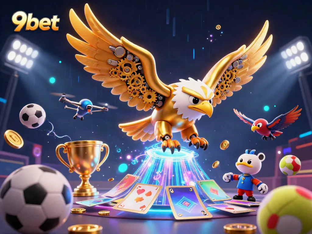 Experience thrilling gaming action with 9bet's vibrant 3D casino illustration featuring dynamic gameplay elements.