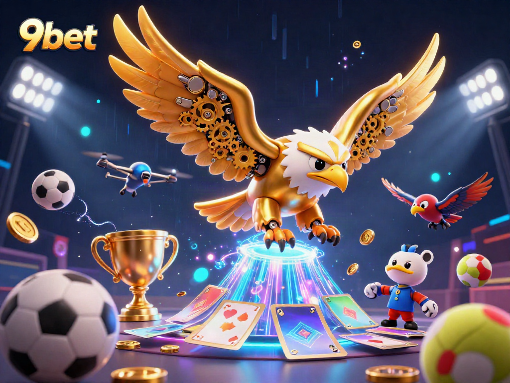 Experience thrilling gaming action with 9bet's vibrant 3D casino illustration featuring dynamic gameplay elements.