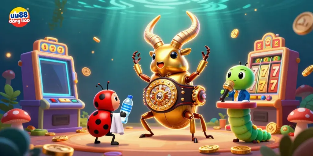 Capture epic gameplay with uu88 đăng nhập, showcasing a golden stag beetle champion in a dazzling casino scene.