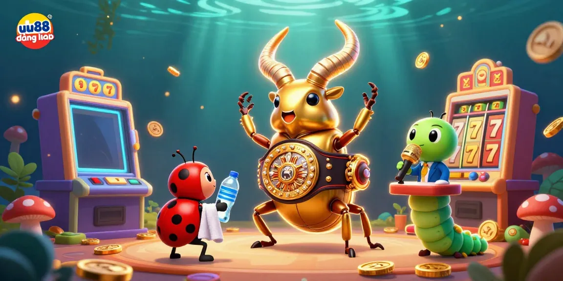 Capture epic gameplay with uu88 đăng nhập, showcasing a golden stag beetle champion in a dazzling casino scene.
