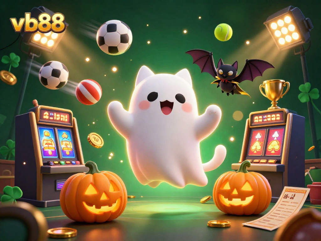 Experience thrilling gaming at vb88 with a ghost cat and vampire bat in a vibrant casino setting.