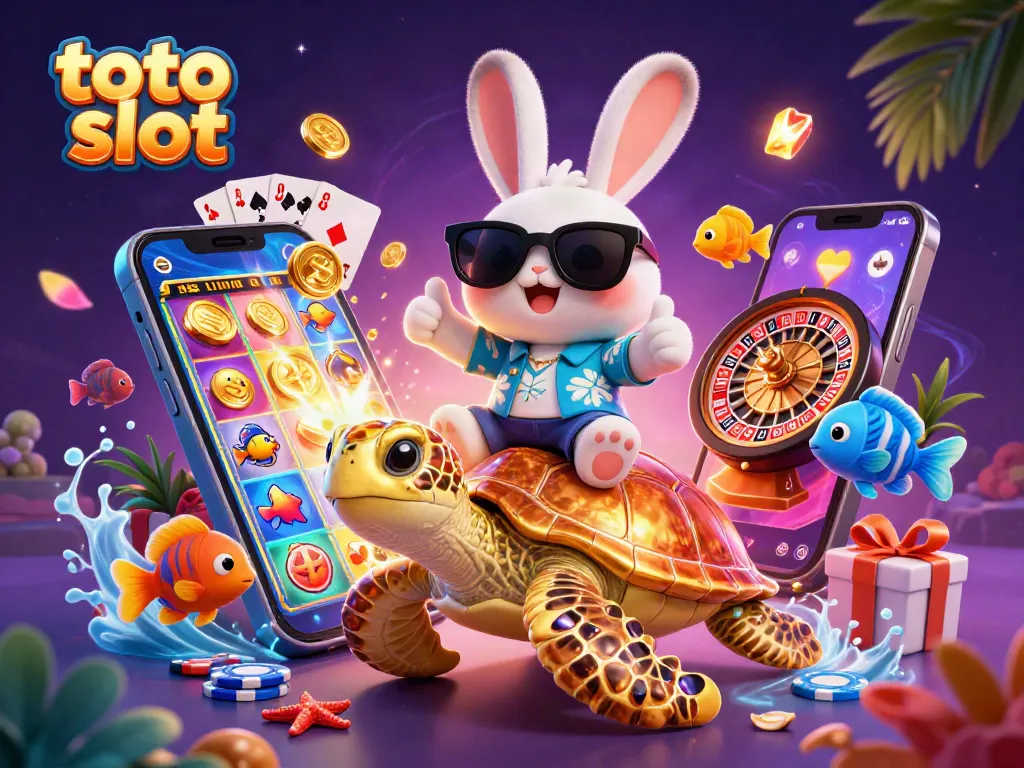 Toto slot showcases a lucky rabbit and golden turtle amidst vibrant casino elements.
