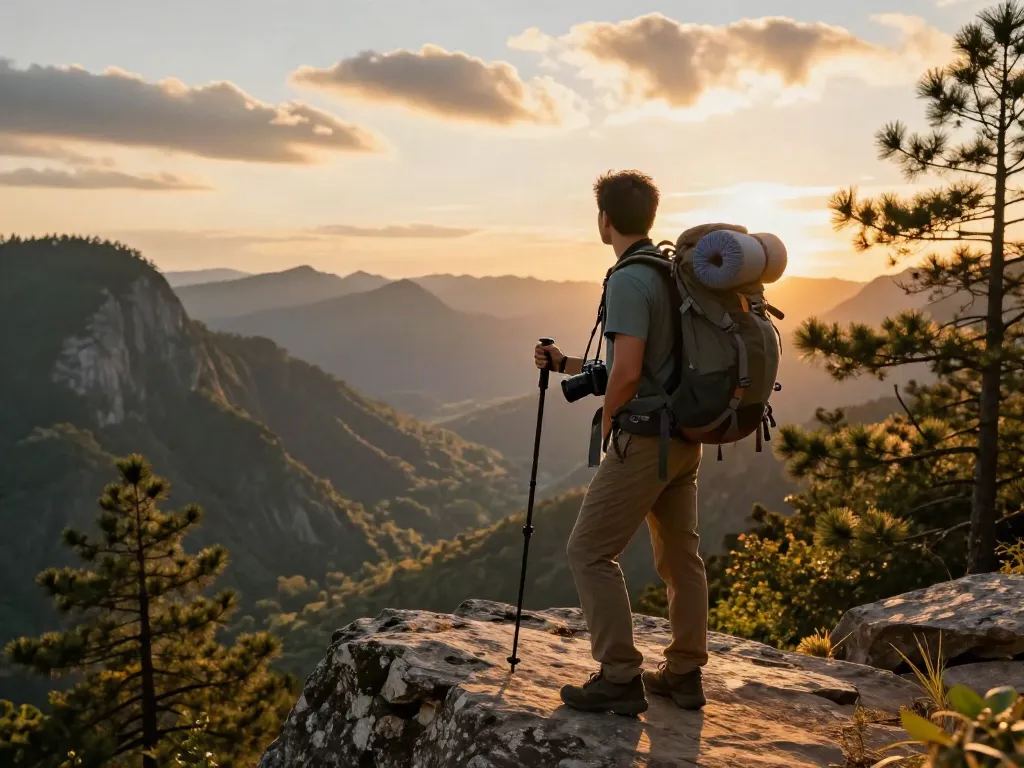 Traveler at scenic mountain viewpoint during golden hour contemplating garuda 404 adventure.