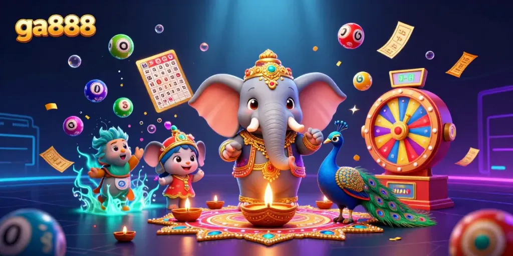 Experience vibrant ga888 gaming action with dynamic lottery elements and a colorful elephant illustration