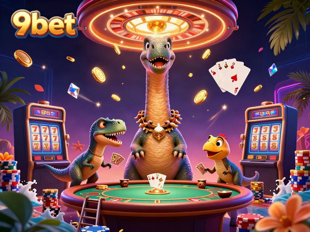 Experience excitement at 9bet with a cartoon dinosaur and raptor at work in a bustling casino scene.