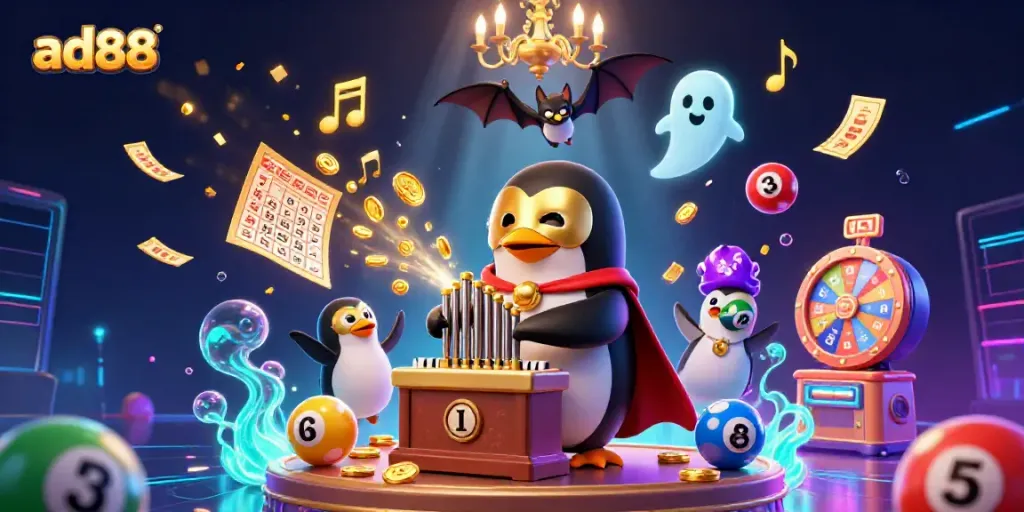 Engage with ad88's thrilling casino atmosphere featuring lively lottery balls and a whimsical penguin.