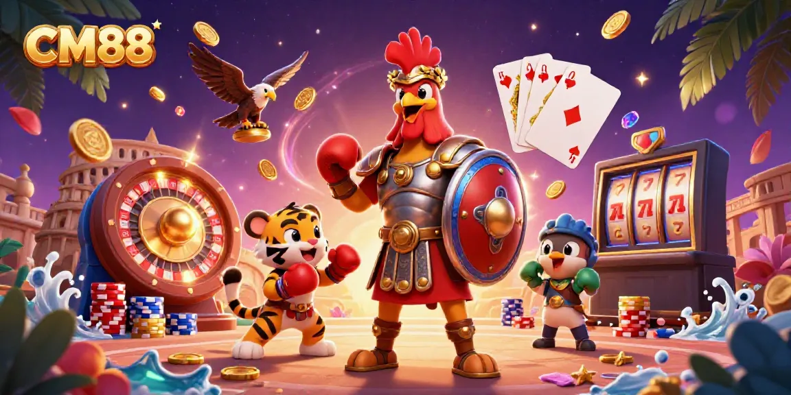 Engage with CM88 through thrilling casino adventures featuring 3D gladiator rooster, sparkling gems, and vibrant poker chips.