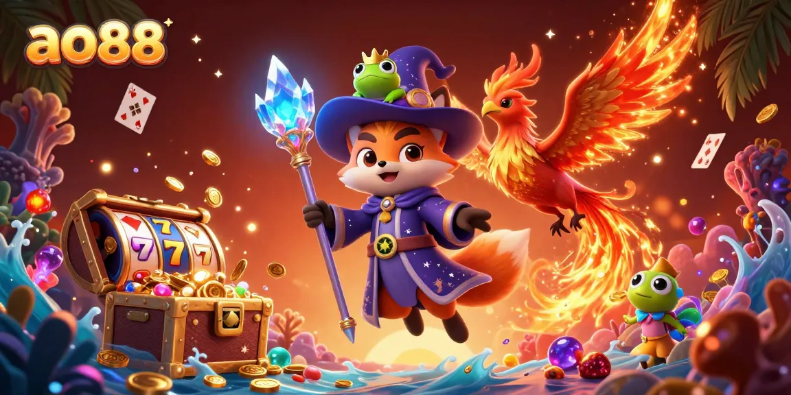 Experience the vibrant ao88 online casino with a mystical wizard fox, phoenix, and dynamic gaming elements.