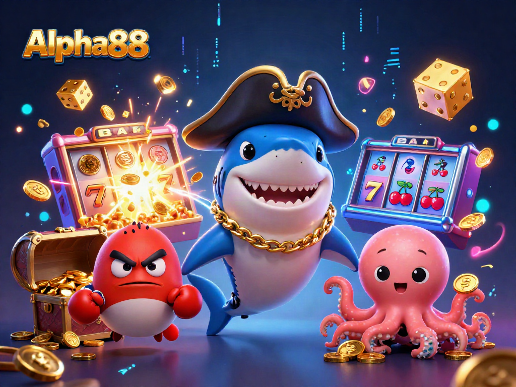 Alpha88 slots come alive with a fun pirate shark, pufferfish, and octopus in a vibrant scene!