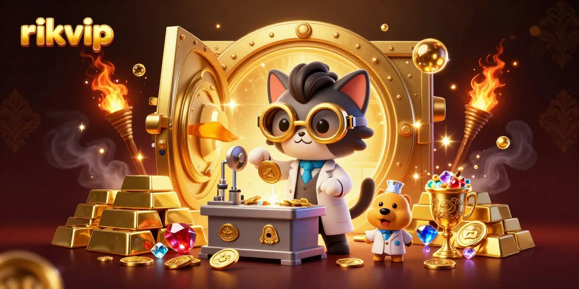 Win big at rikvip with a vibrant 3D illustration featuring a mad scientist cat and dog in a treasure lab.