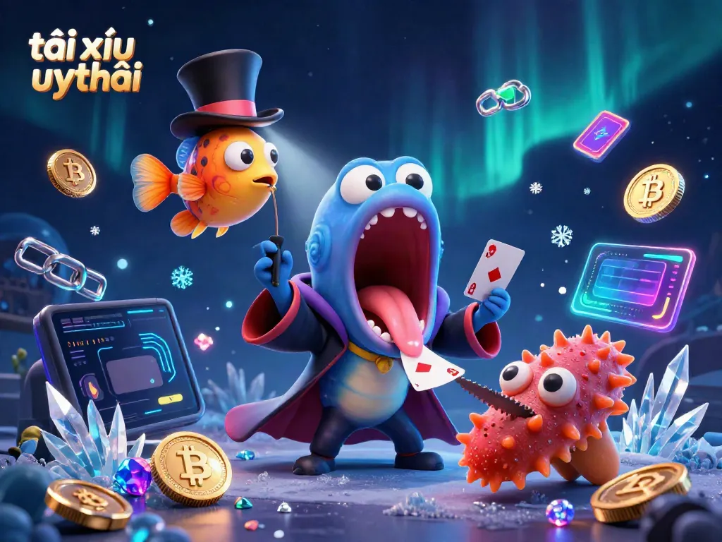 Experience the magic of tài xỉu uy tín with dynamic characters and shimmering cryptocurrency elements.