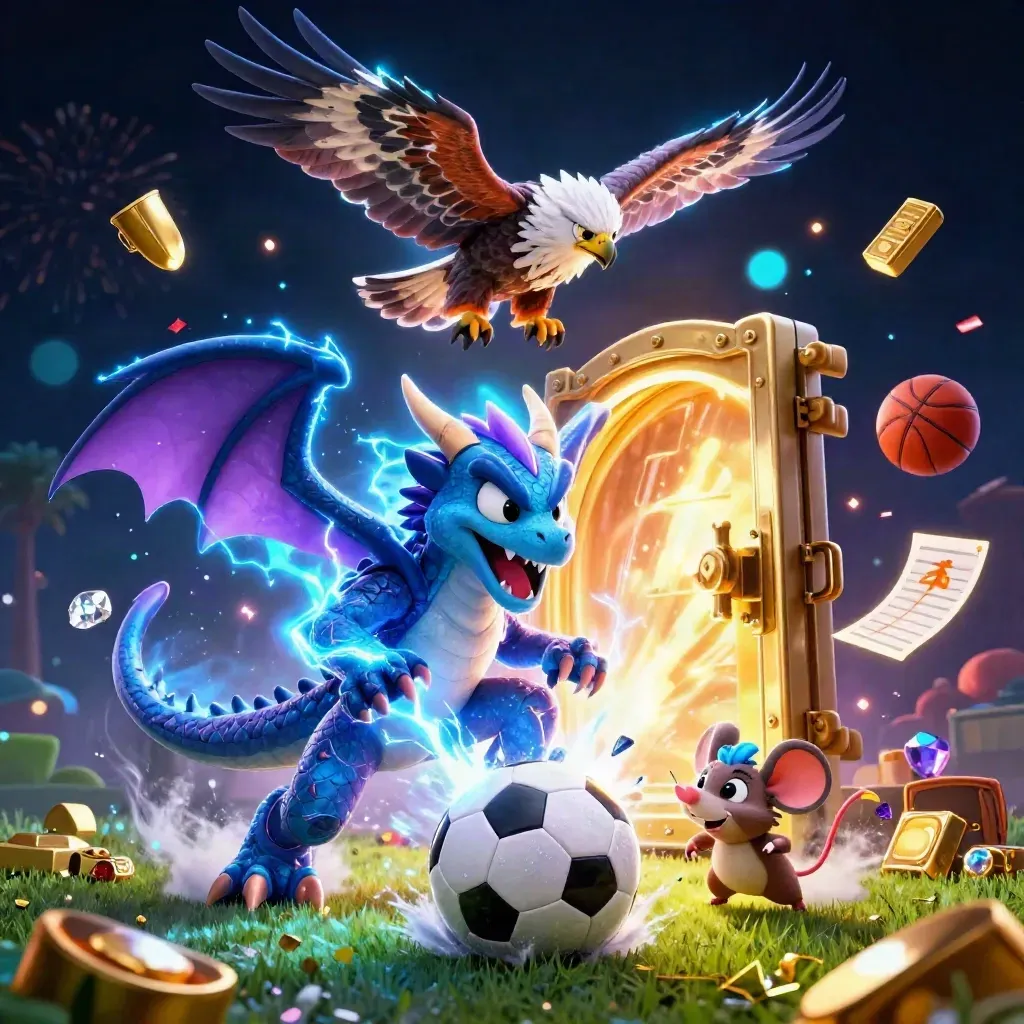 Thunder dragon, sokół i mysz przy piłce nożnej, złoto i błyskawice w ciemnym neonie.