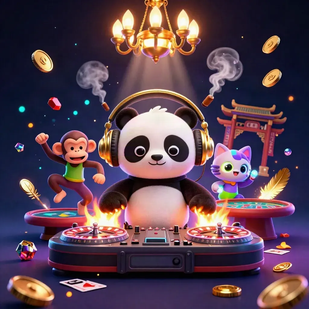 Kreskówkowy panda DJ, tańcząca małpa i kot z neonowymi pałkami w kasynowej scenie.