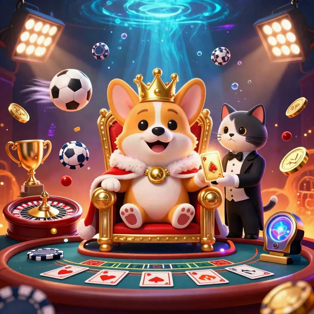 Król corgi i koci lokaj w neonowym kasynie, z monetami, trofeum i ruletką.