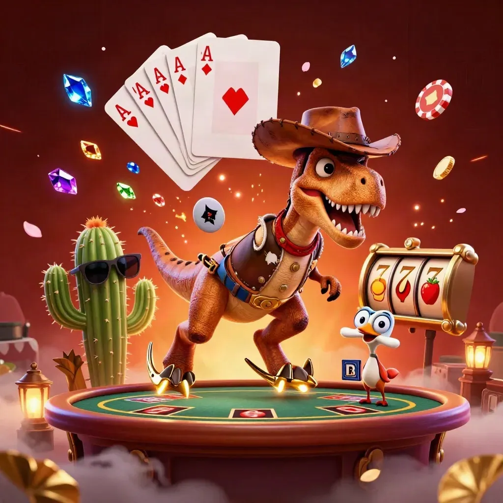 Neonowy dino-kowboj, kaktus i ptak przy pokerowym stole z wybuchem klejnotów