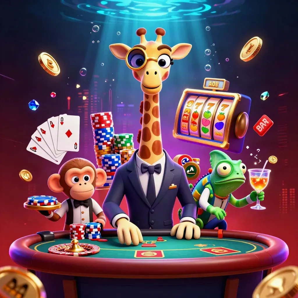 Giraż, małpa i kameleon przy stole pokerowym, złote monety, ruletka i neonowe efekty.