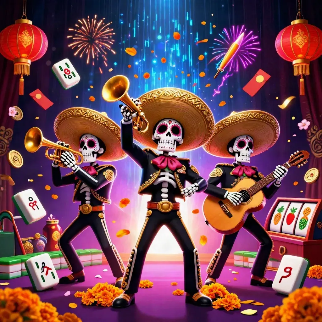 Szkieletowe trio mariachi w neonowych efektach, złote detale, symbole bonusu i burza konfetti.