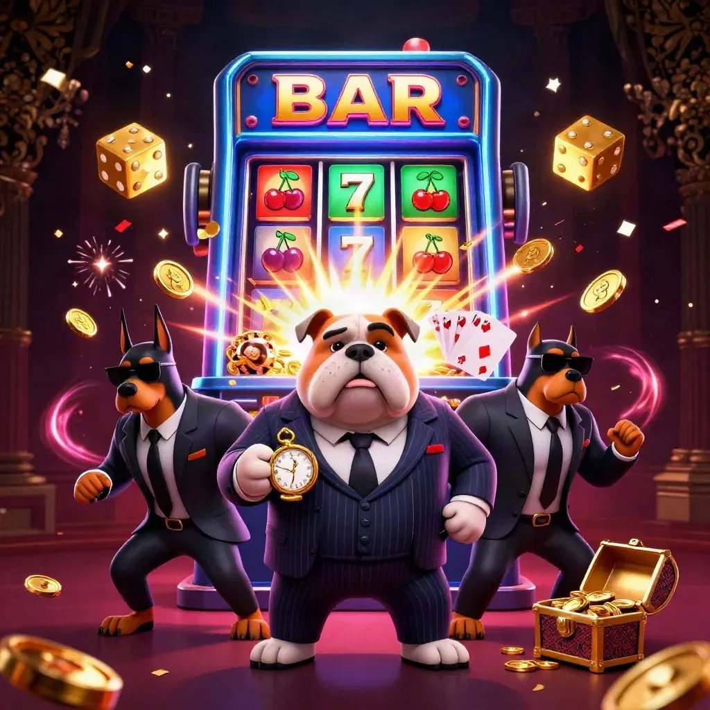 Bulldog mafioso i dobermany przy automacie, złoto, iskry i neonowe efekty.