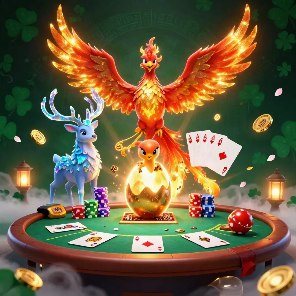 Feniks, mały feniks i kryształowy jeleń nad pokerowym stołem w neonowej mgle.