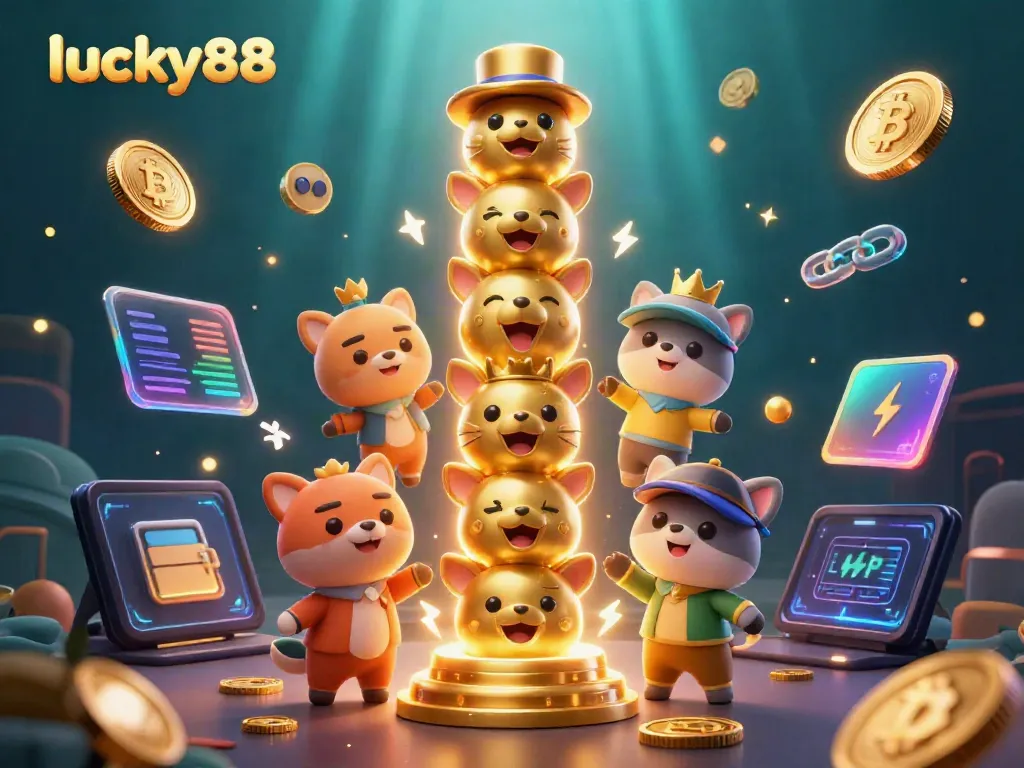 Experience thrilling gameplay at lucky88 with vibrant 3D elements showcasing a golden totem pole, crypto coins, and casino icons.