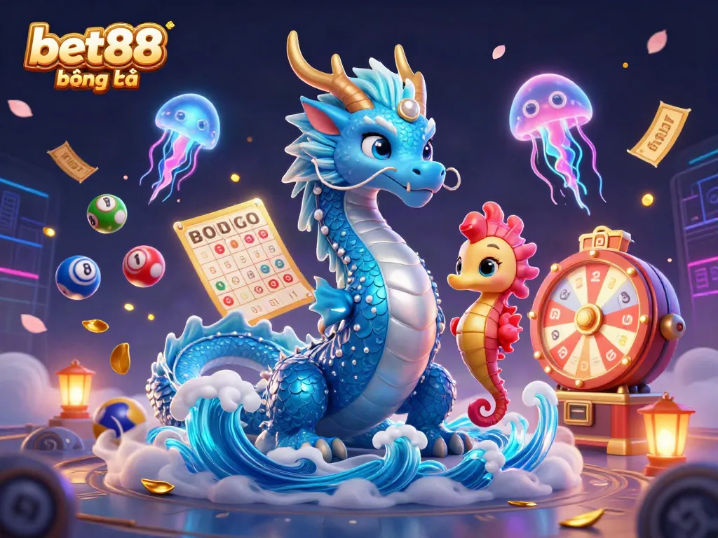 Engage in bet88 bóng đá with a vivid illustration showcasing a dragon, seahorse knight, and lottery elements.