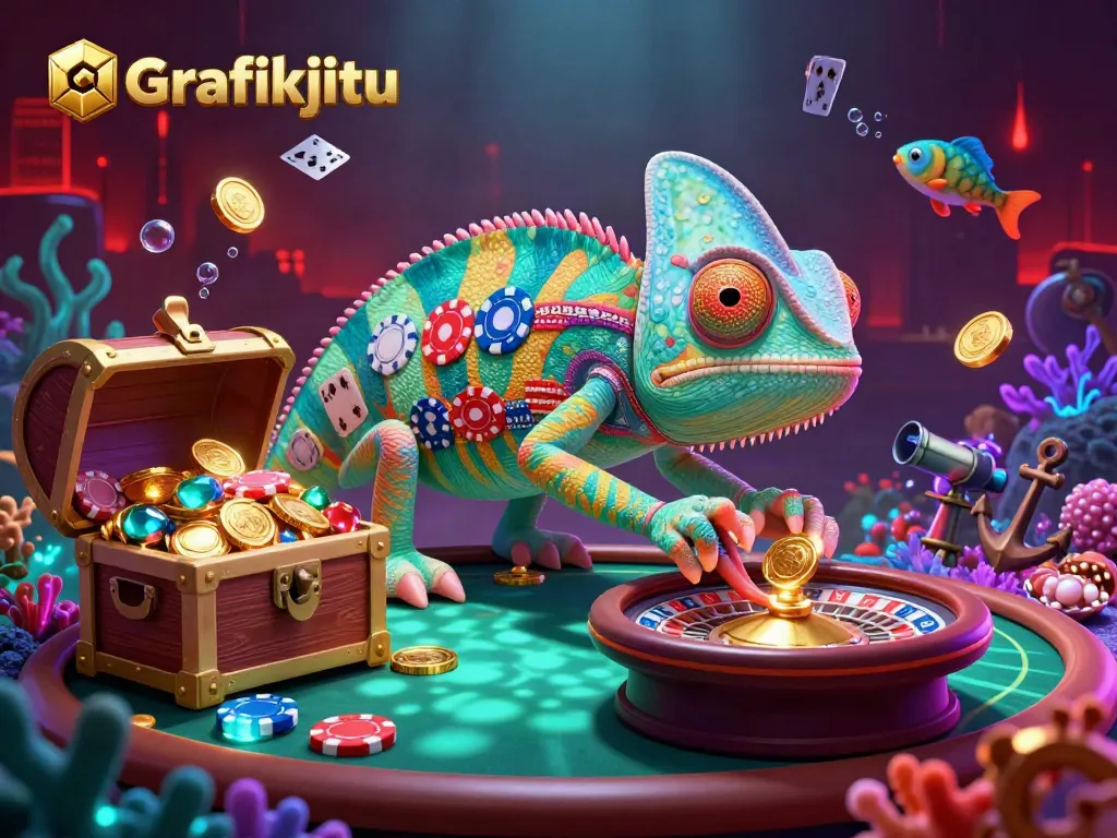 Experience Grafikjitu's thrilling casino world as the chameleon owner captures golden coins with vibrant details.