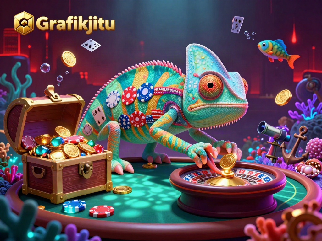 Experience Grafikjitu's thrilling casino world as the chameleon owner captures golden coins with vibrant details.