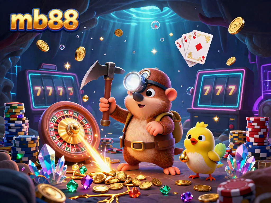 Engage in thrilling gaming adventures with mb88, showcasing a treasure hunter mole in a dazzling casino cave setting.