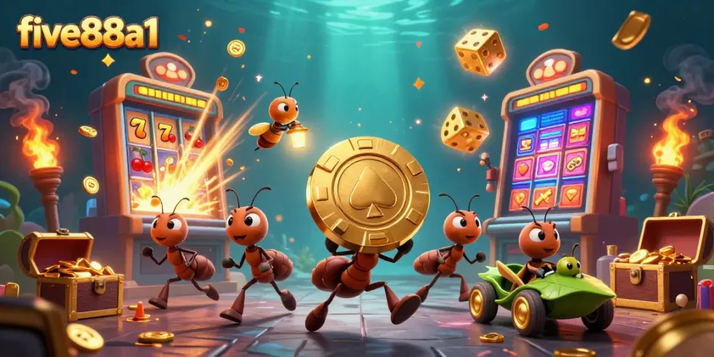 Win big with five88a1 in a vibrant heist of giant poker chips and slot machine action.