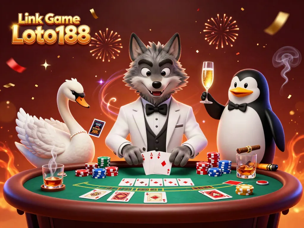 Engage with Link Game Loto188 at a lavish casino table featuring a debonair wolf, elegant swan, and sophisticated penguin.