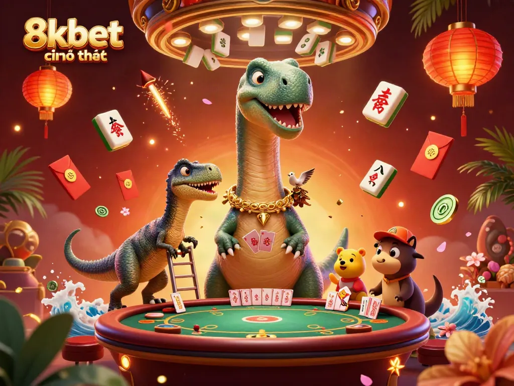 Engage with 8kbet chính thức in a vibrant casino scene featuring cartoon dinosaurs and dynamic gaming elements.