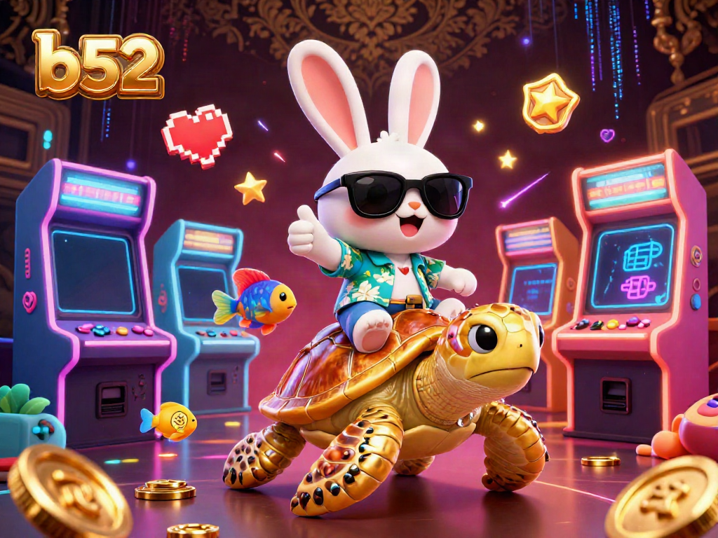 Experience thrilling wins with b52 as a lucky rabbit and giant turtle join vibrant casino games in a colorful underwater scene.