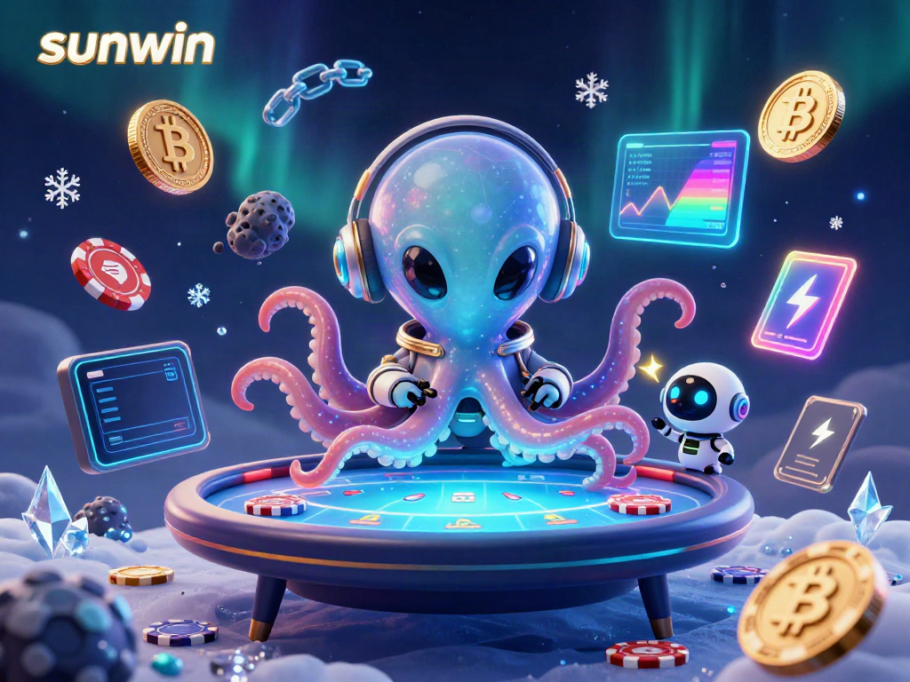 Engage with sunwin's vibrant crypto casino scene featuring an alien octopus and a tiny robot.
