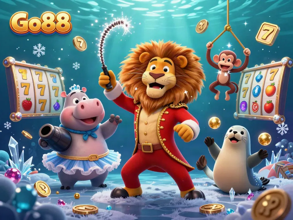 Experience the excitement of Go88 with a vibrant casino scene featuring a ringmaster lion and colorful game elements.
