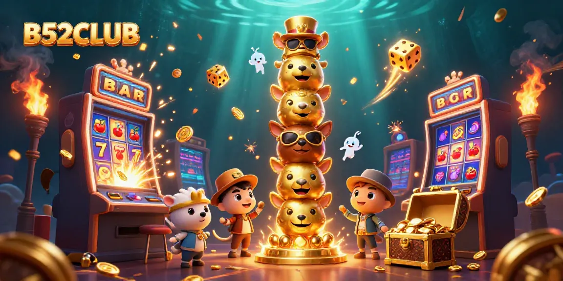 B52CLUB showcases a vibrant casino theme with a golden totem pole, slot machine bursts, and energetic game elements.