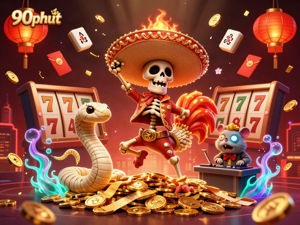 90phut showcases a vibrant, energetic casino scene with slot reels, gold coins, and animated characters celebrating.