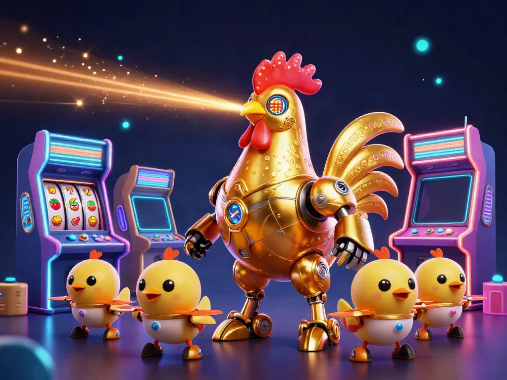 Experience the vibrant world of 8s with a futuristic golden rooster robot and dynamic gaming elements.