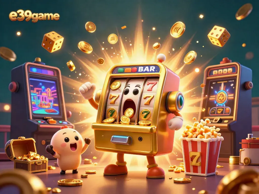 Experience an exhilarating jackpot moment with e39game's dynamic slot machine scene, overflowing with coins and excitement.