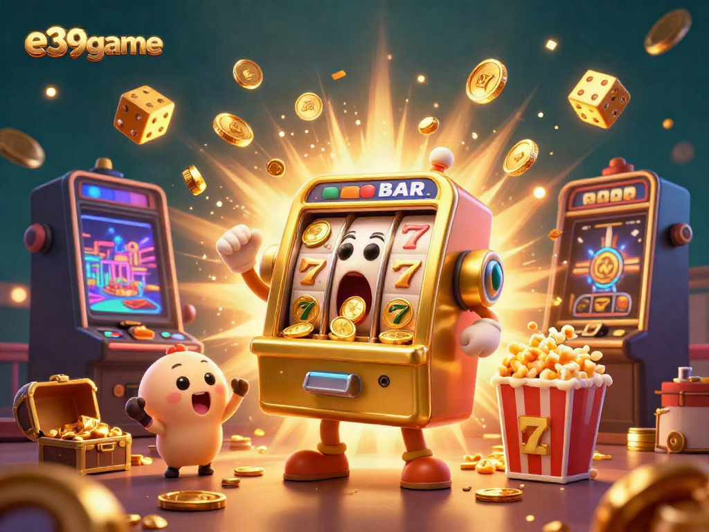 Experience an exhilarating jackpot moment with e39game's dynamic slot machine scene, overflowing with coins and excitement.