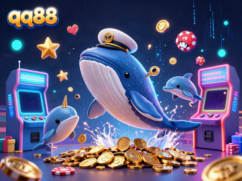 Experience excitement at qq88 with a whale breaching through coins, surrounded by playful dolphins and gaming elements.