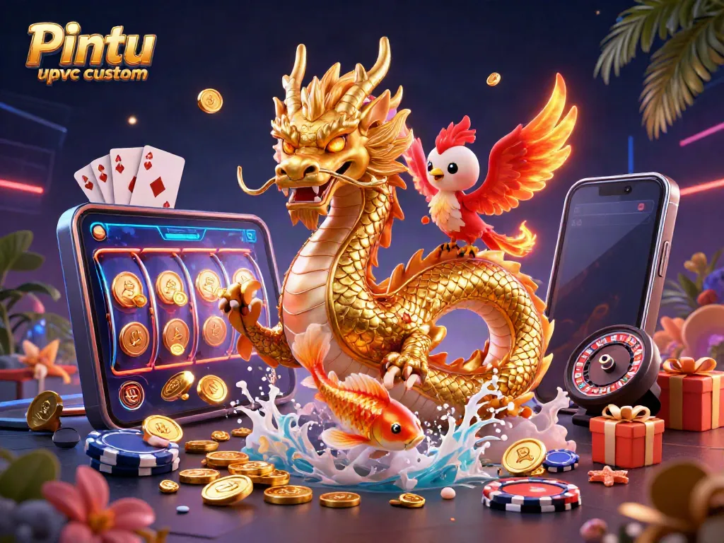Play and win with Pintu upvc custom showcasing a vibrant 3D scene of luck and strategy in gambling.