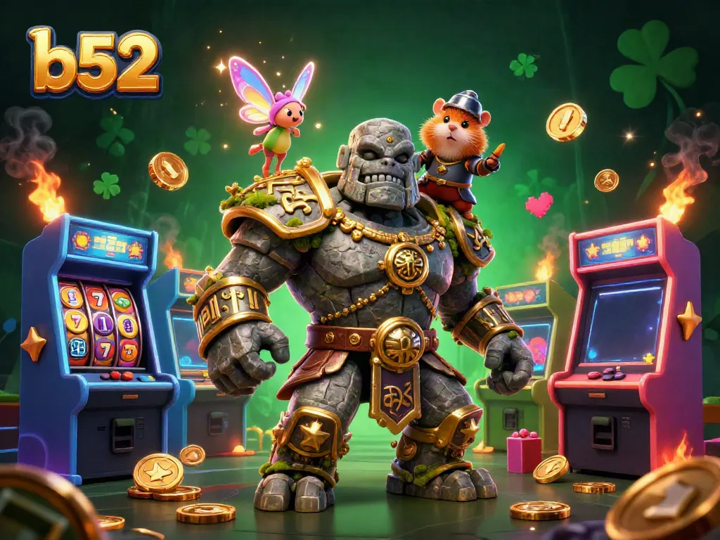 Experience thrilling b52 entertainment with an ancient stone golem and a fairy amid dynamic casino elements.