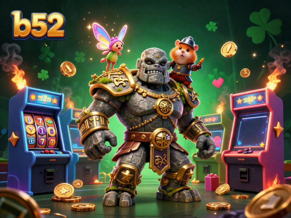Experience thrilling b52 entertainment with an ancient stone golem and a fairy amid dynamic casino elements.