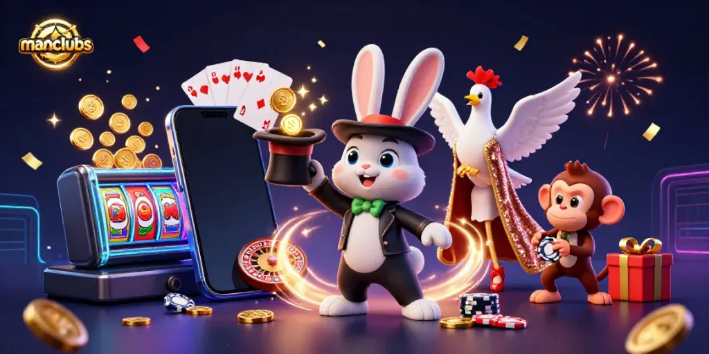 Experience exciting jackpots at manclubs, featuring a magician rabbit, sparkling coins, and vibrant casino elements.