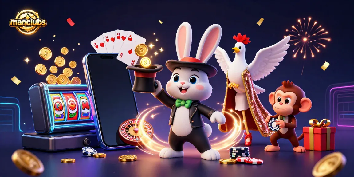 Experience exciting jackpots at manclubs, featuring a magician rabbit, sparkling coins, and vibrant casino elements.