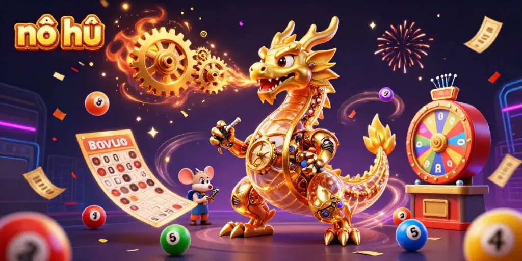 Experience thrilling nổ hũ action with a golden dragon and vibrant casino elements in an engaging scene.