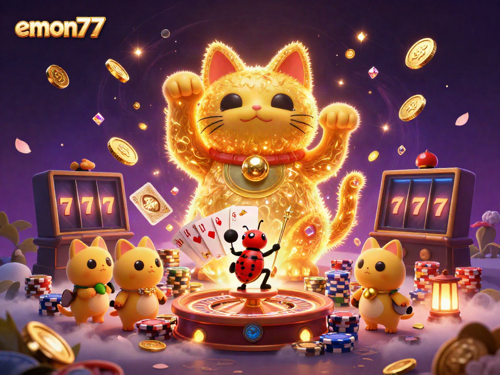 Engage with emon77's vibrant casino experience featuring a golden lucky cat and exciting game elements.